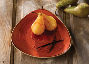 STONECAST SPICED ORANGE_TRIANGLE PLATE  POACHED PEARS