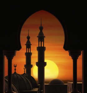 Fireball sunset behind two minarets